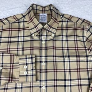 Brooks Brothers Dress Shirt Mens Small Tan Plaid Regent Fit No Iron Stretch